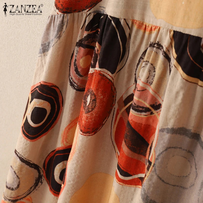 ZANZEA Short Sleeve Printing Maxi Dresses Casual Vacation Woman Bohemian A-line Robes Femme 2025 Summer Loose O-Neck Long Dress