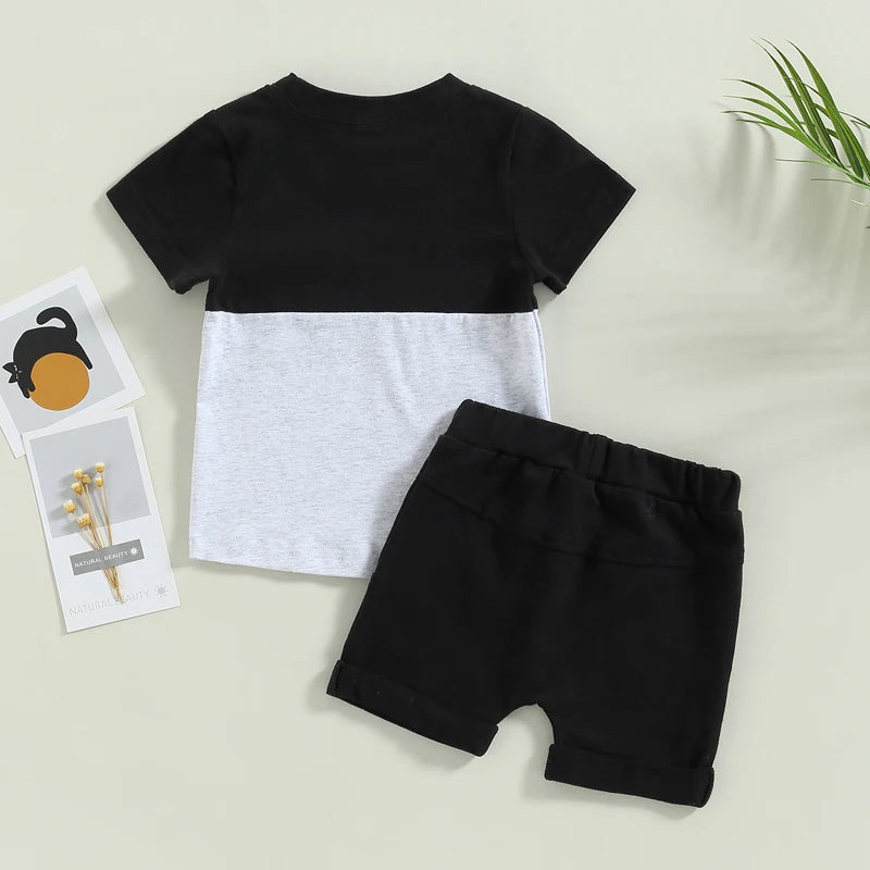 2023-02-01 Lioraitiin 0-3Years Toddler Boys 2Pcs Summer Outfit Sets Short Sleeve Contrast Color Tops Solid Drawstring Shorts