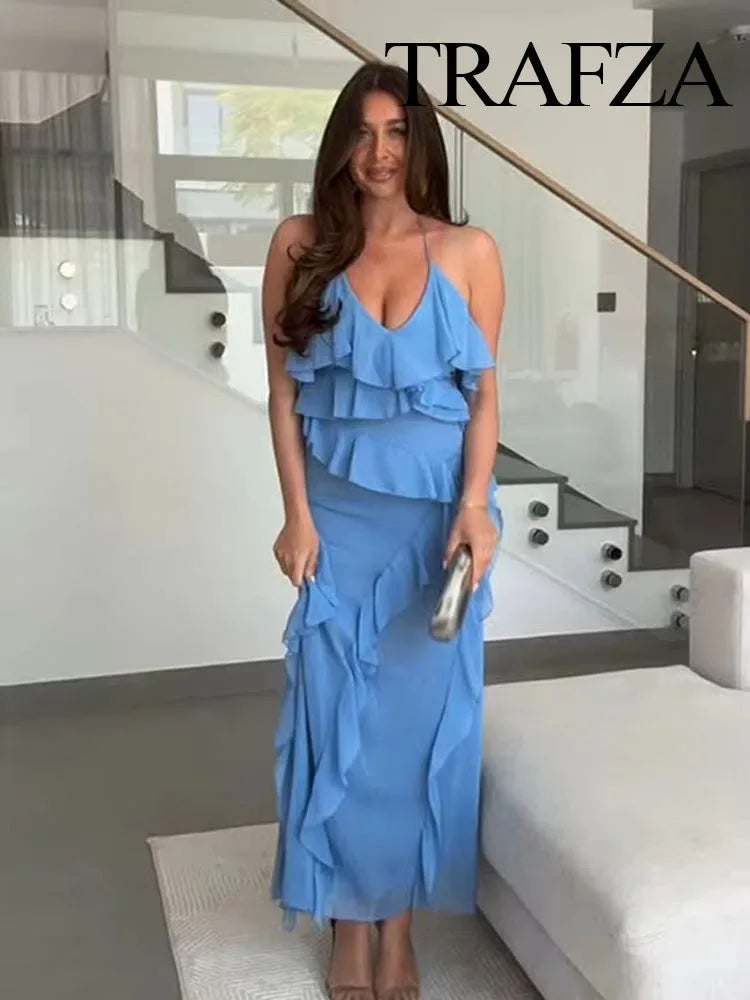 TRAFZA Woman Elegant Chic Zipper Beach Party Dress Summer Women Sexy V-Neck Sleeveless Backless Wrinkles Decorate Midi Dress