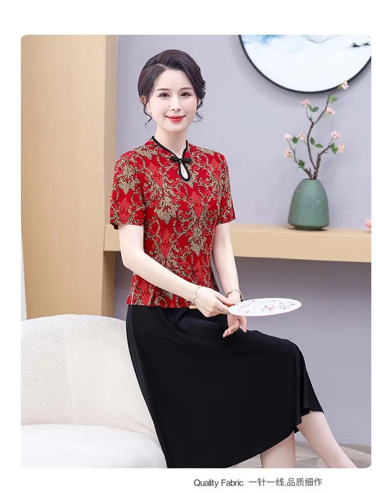 Mom's Summer New Style Cheongsam Elegant and Slimming Middle-aged Women's Wear Fake Two-piece Dress