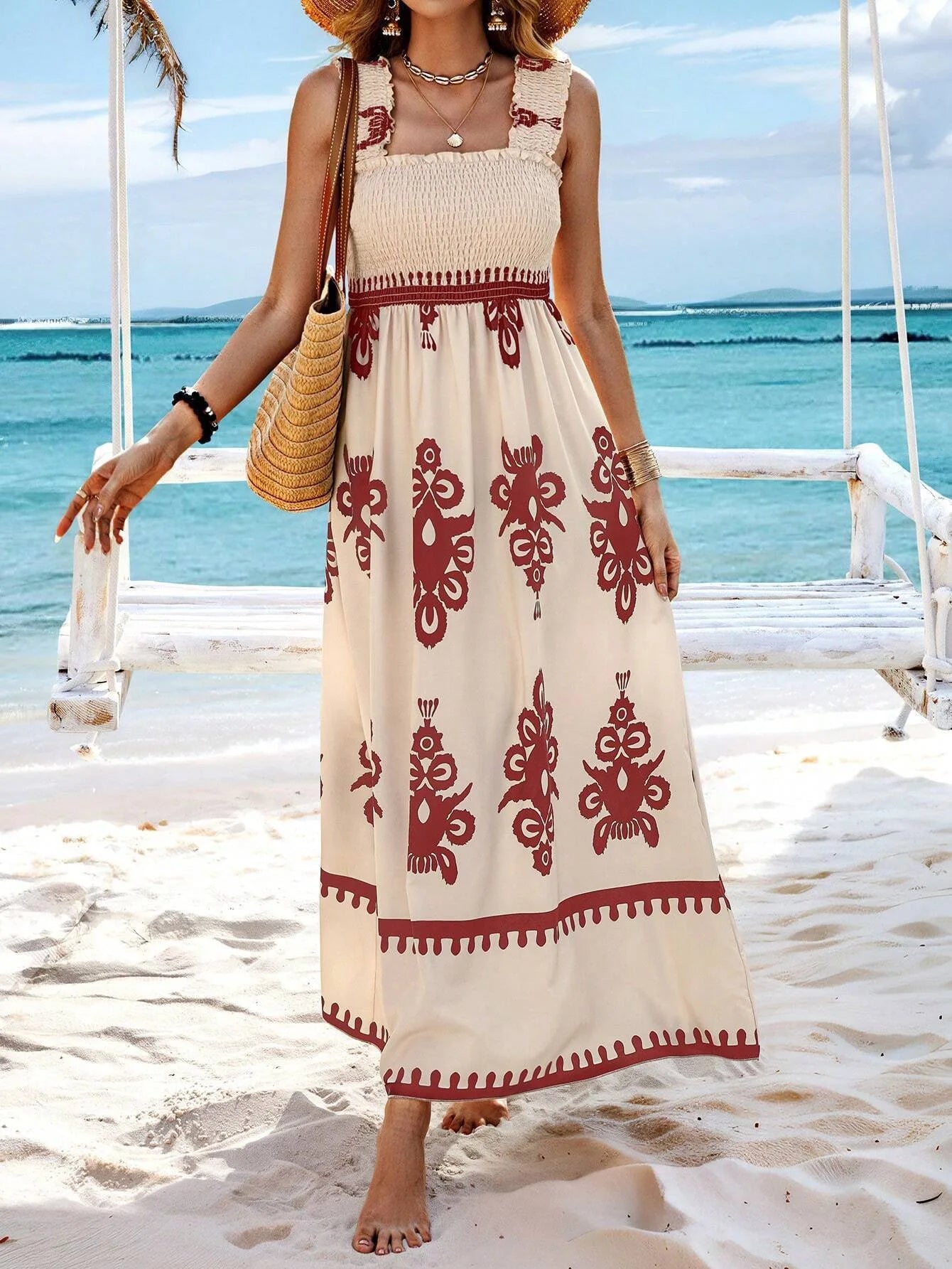 VEITCHE Summer Vacation Style Women Dress Fashionable Printed Sexy Sleeveless Strap Casual Comfortable Beach Long Sundress