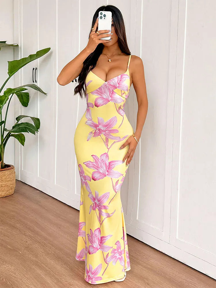 Women Sling Maxi Dresses Summer New Streetwear Fashion Print Casual Slim Dress Sexy Backless V-Neck Elegant Lady Dress Clothing