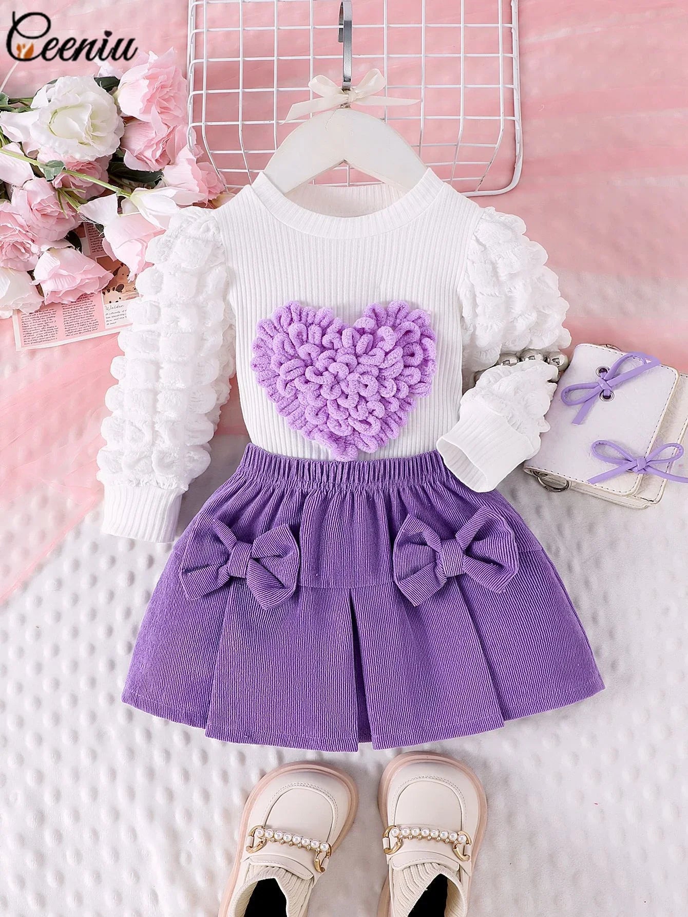 Baby Girl Outfit 0-3Y Pink Heart & Rose 3pcs Set High Neck Top Bow Skirt Hat Toddler Clothing Ensemble for Girls