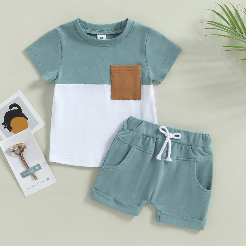 2023-02-01 Lioraitiin 0-3Years Toddler Boys 2Pcs Summer Outfit Sets Short Sleeve Contrast Color Tops Solid Drawstring Shorts