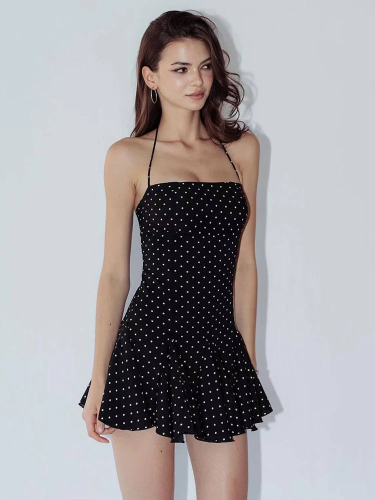 Nibber Polka Dot Print Dress Women Halter Backless Skinny Folds Elegant Temperament Party Fashion Summer Classic Mini Bodycon
