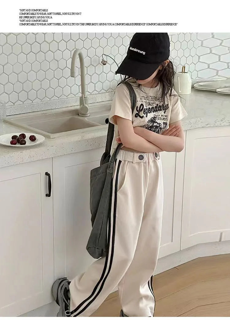 Girls' summer casual suit, new children's fashionable T-shirt, casual pants, summer dress, foreign short-sleeved two-piece set,