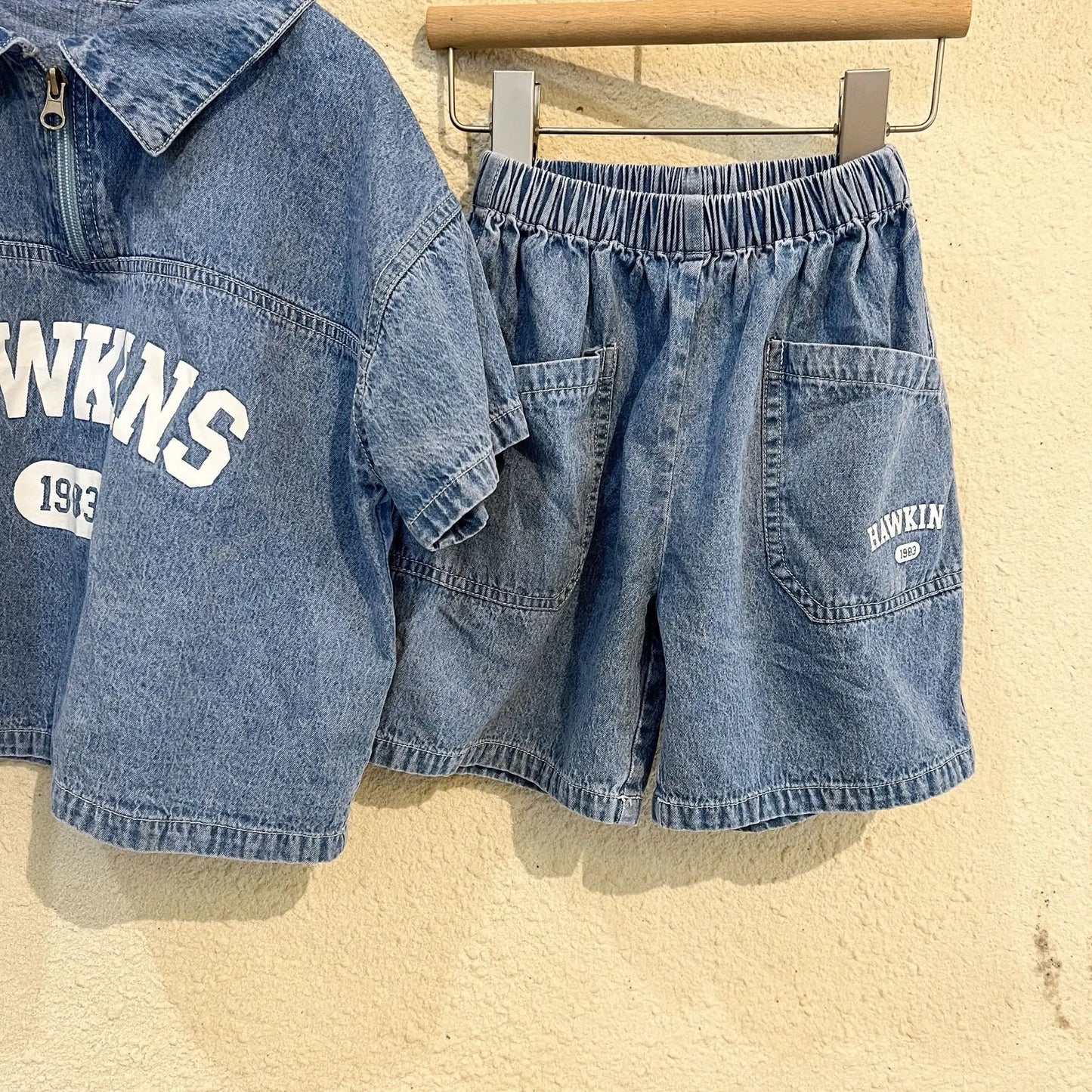 5816C Children's Clothing Set Denim Suit Summer Casual Boy's Denim Suit Letter Print Top+ Shorts Casual Two-piece Suit
