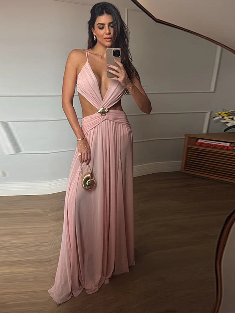 Sexy Hollow Out Bikini Long Dress Mesh Backless Lace Up Sleeveless Female Dresses 2025 Summer Lady A-line Pleat Robe Beach