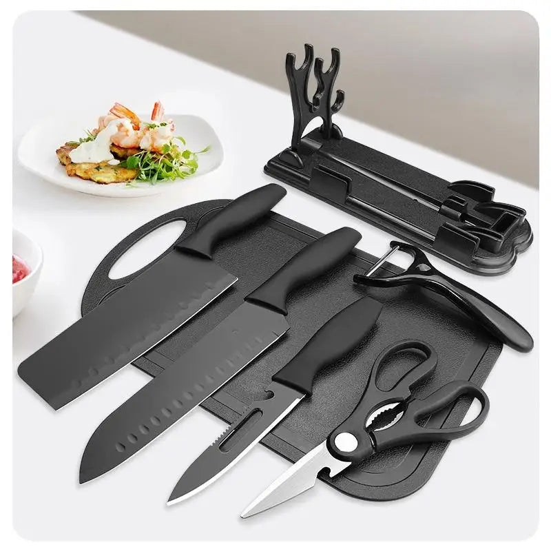5/7-Piece Black Kitchen Knife Set - Professional Chef Knife, Fruit Knife, Meat Cleaver, Cutting Board, Heart-Shaped Egg Mold