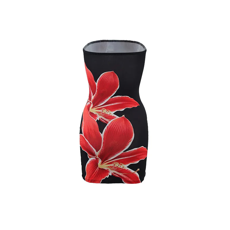 Sexy strapless floral print backless slim fit dress for women in summer 2025 comfortable and elegant beach vacation short skirt