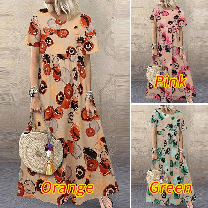 ZANZEA Short Sleeve Printing Maxi Dresses Casual Vacation Woman Bohemian A-line Robes Femme 2025 Summer Loose O-Neck Long Dress