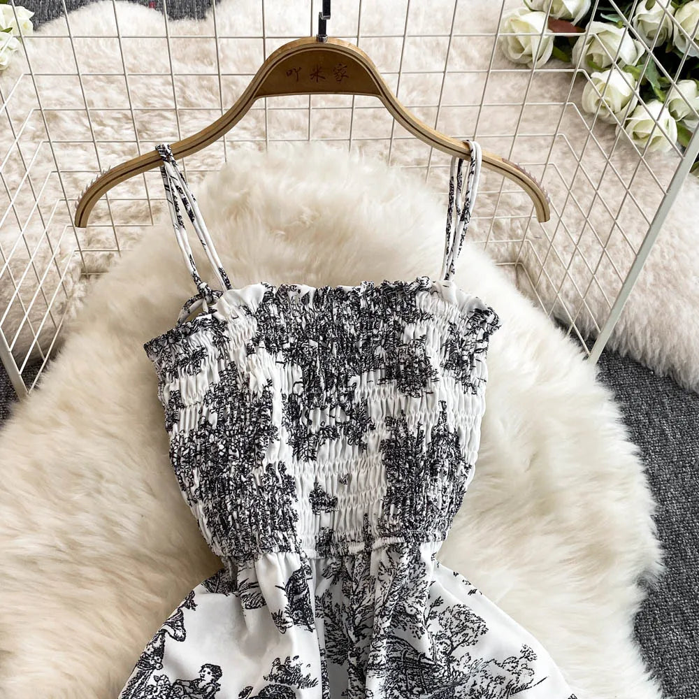 2025 New Summer Pink/Purple Flower Print Romantic Retro Party Dress Elastic High Waist Vacation Long Dress Beach Vestido