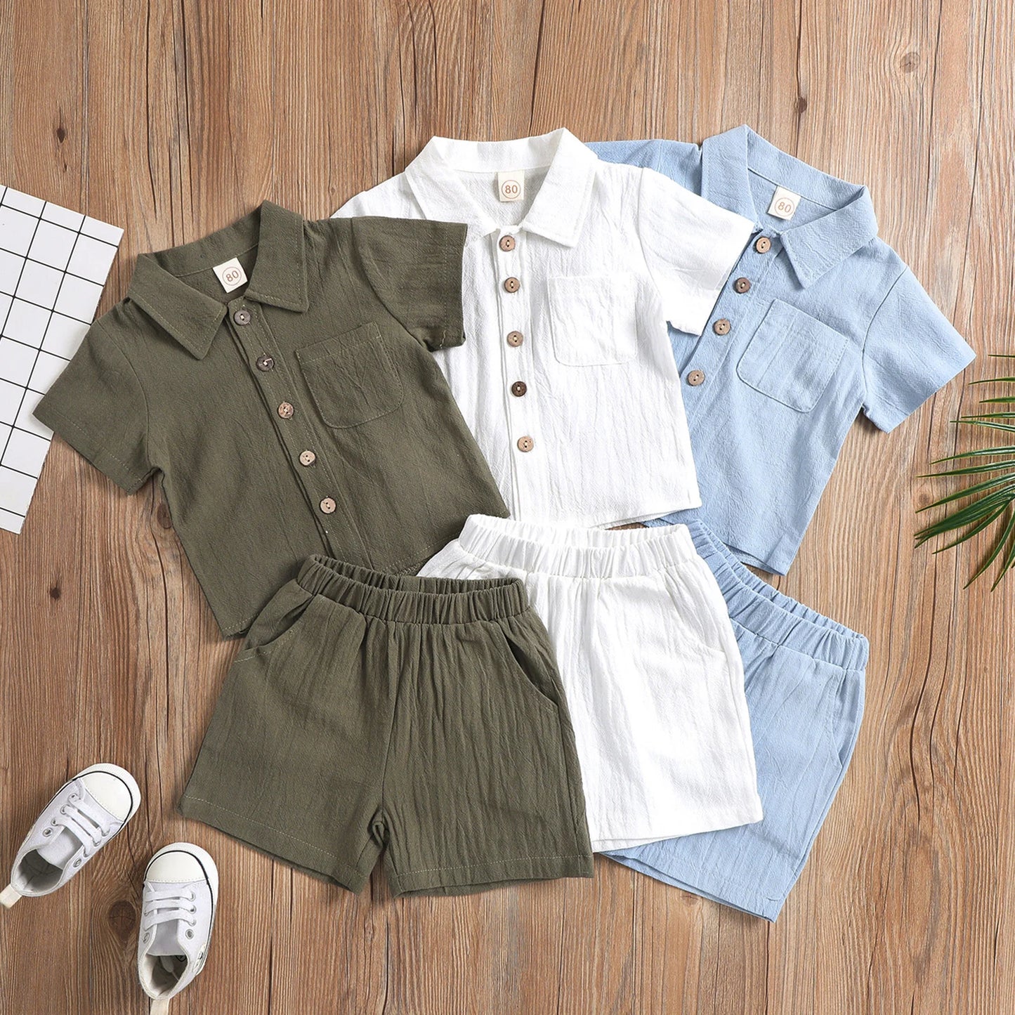 2022-03-09 Lioraitiin 0-4Years Toddler Baby Girl Boy Summer Clothing Set Short Sleeve Solid Turn-Down Collar Shirt Shorts