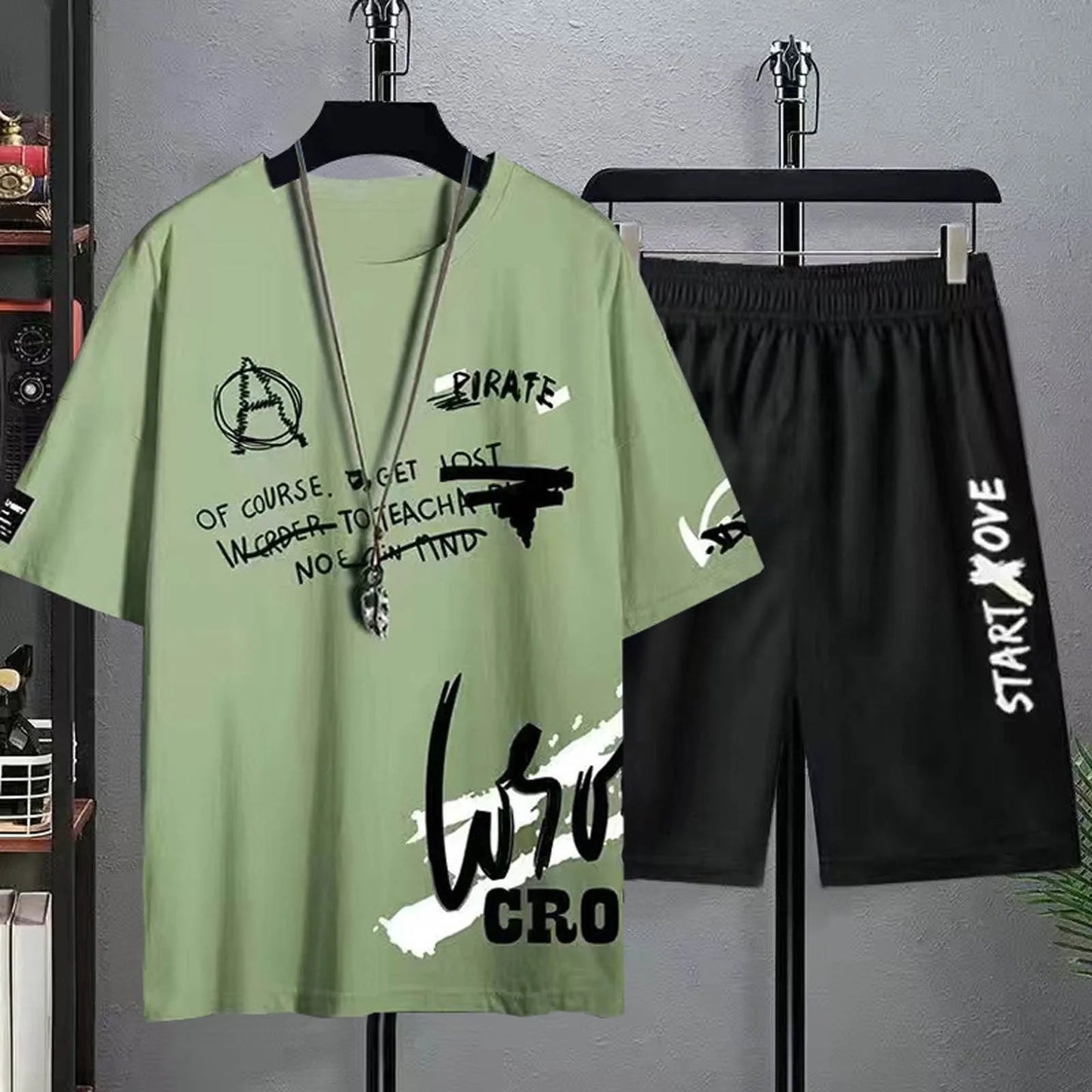 Casual Sportswear Mens Summer Two-Pieces Outfit Short Sleeve Round Neck Top And Shorts Two Piece Set Stylish Outfits Ropa Hombre