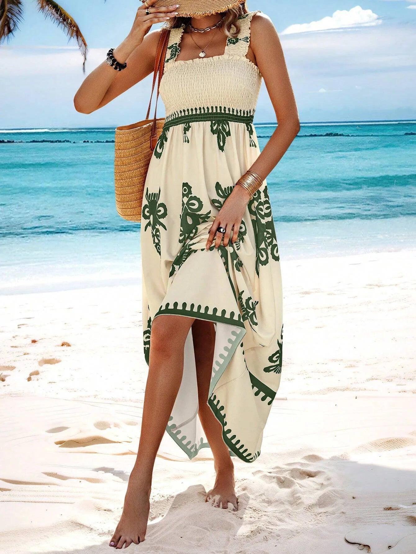 VEITCHE Summer Vacation Style Women Dress Fashionable Printed Sexy Sleeveless Strap Casual Comfortable Beach Long Sundress