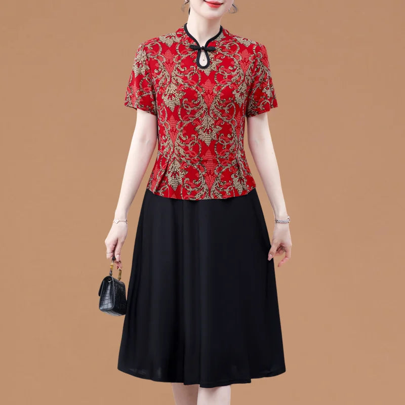 Mom's Summer New Style Cheongsam Elegant and Slimming Middle-aged Women's Wear Fake Two-piece Dress