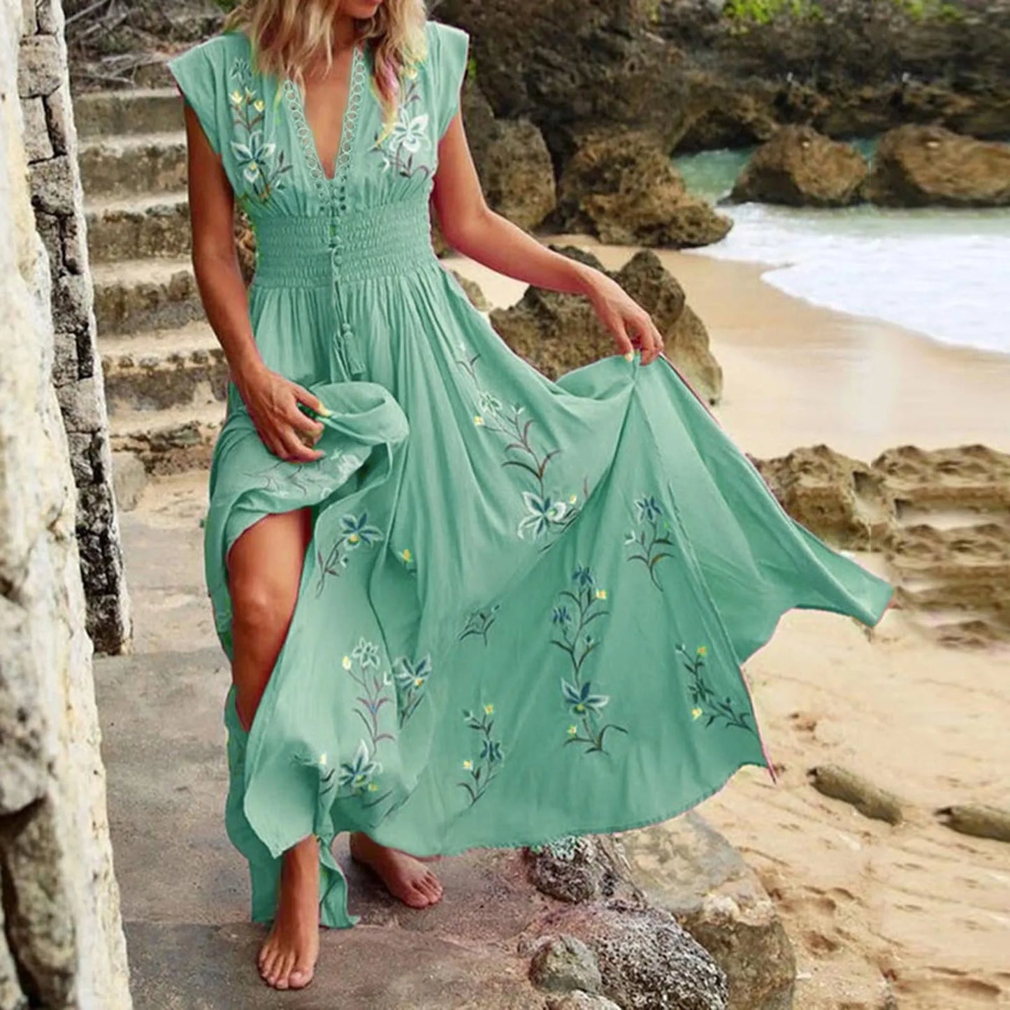 Beach Boho Dress Women Ruffled V-Neck Floral Vintage High Waist A-Line Long Dress Sleeveless Lace Up Jacquard Maxi Sundress