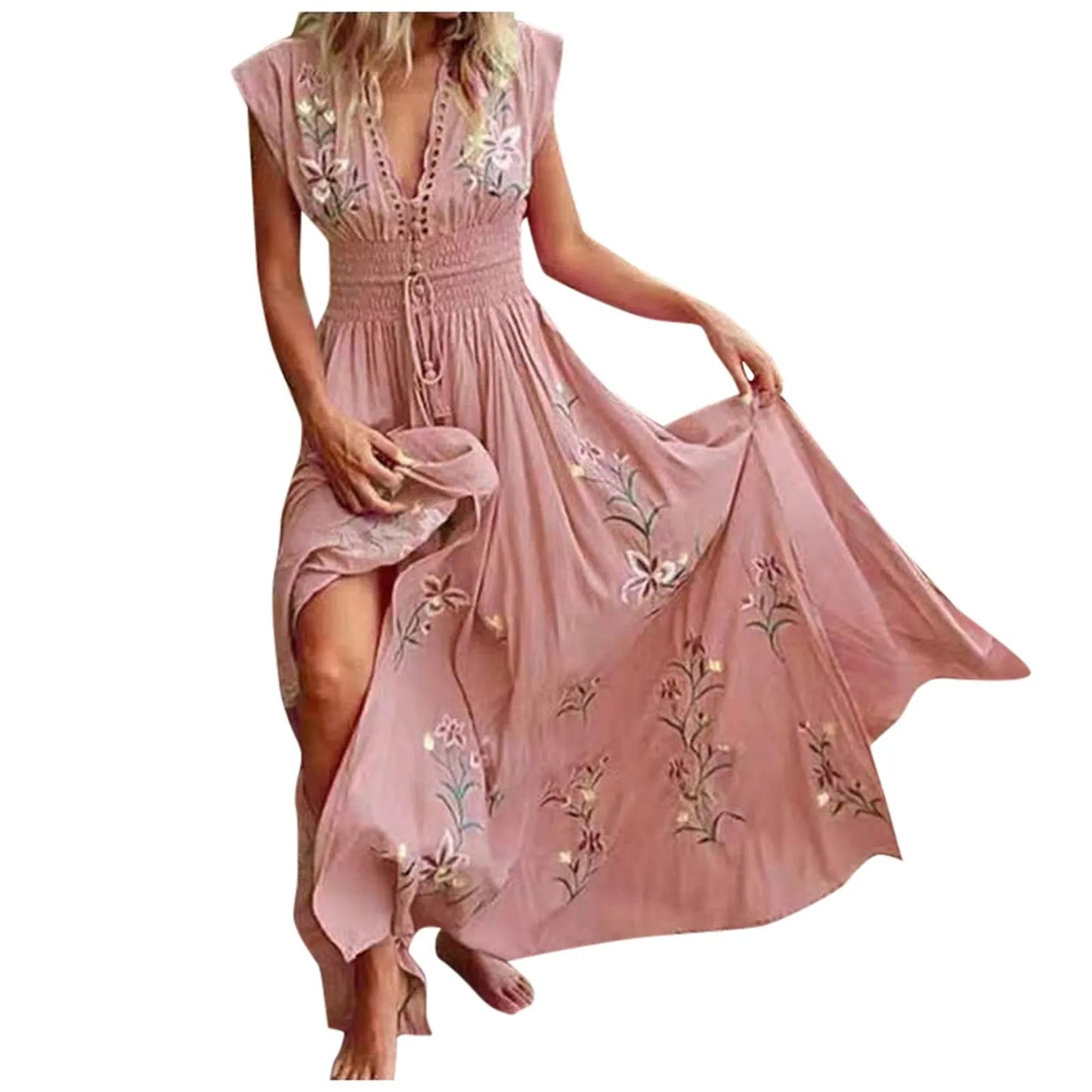 Beach Boho Dress Women Ruffled V-Neck Floral Vintage High Waist A-Line Long Dress Sleeveless Lace Up Jacquard Maxi Sundress
