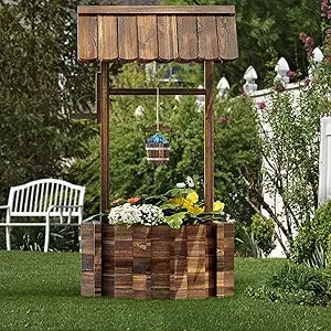 Aoxun Outdoor Wooden Wishing Well Planters with Hanging Bucket, Garden Helper, Rustic Garden Decor for Outside, Yard and Patio,