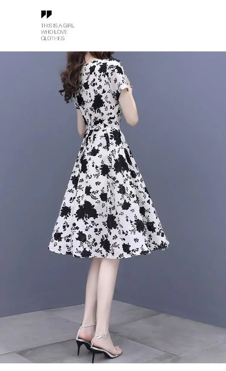 Breathable Chiffon Floral Print Dress V Neck Slim Fit With Ruffles