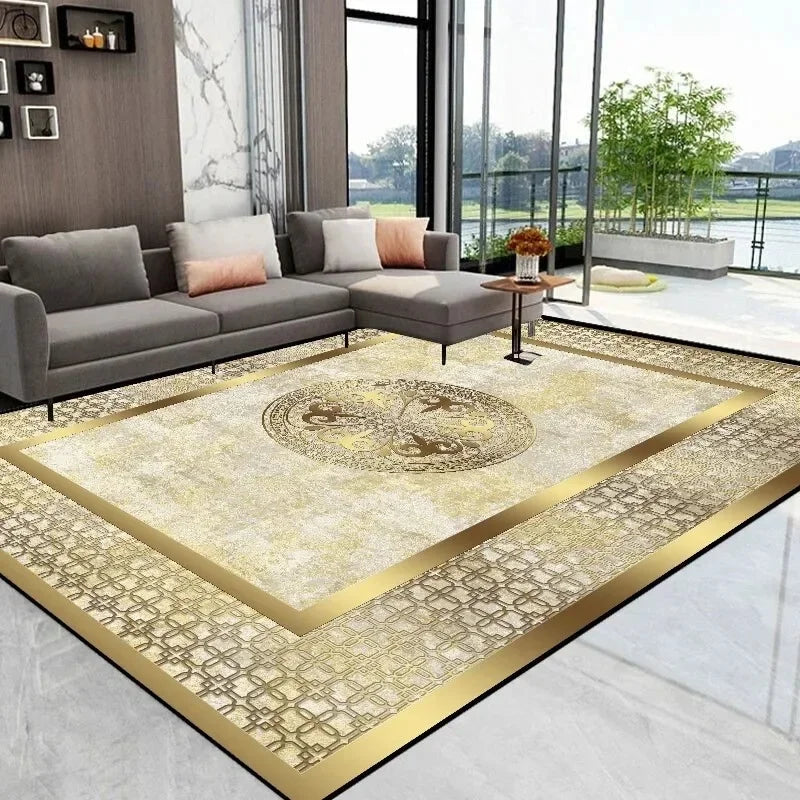 Opulent Golden Abstract Floor Mat Modern Carpet for Living Room Coffee Table Luxurious Rug for Room Decor Perfect Stylish Spaces