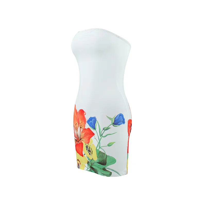 Sexy strapless floral print backless slim fit dress for women in summer 2025 comfortable and elegant beach vacation short skirt
