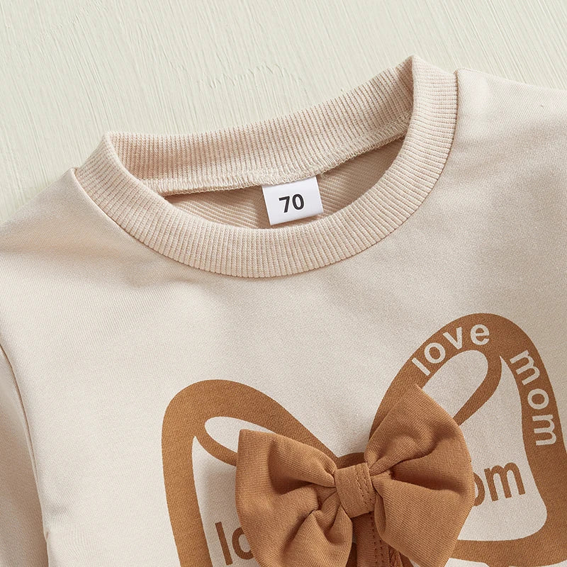 Baby Girls 2-Piece Outfit Long Sleeve Crew Neck Bow Sweatshirt with Elastic Waist Sweatpants Cotton Polyester Blend for Fall 0-3T