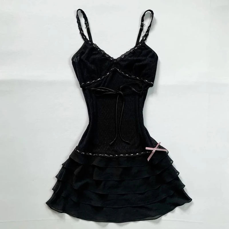 Gothic Harajuku Vintage Y2K Women's Dress Sexy Slim Chic Casual Lace-up Design Halter Neck Dresses Punk Rock Emo Girl Streetwear