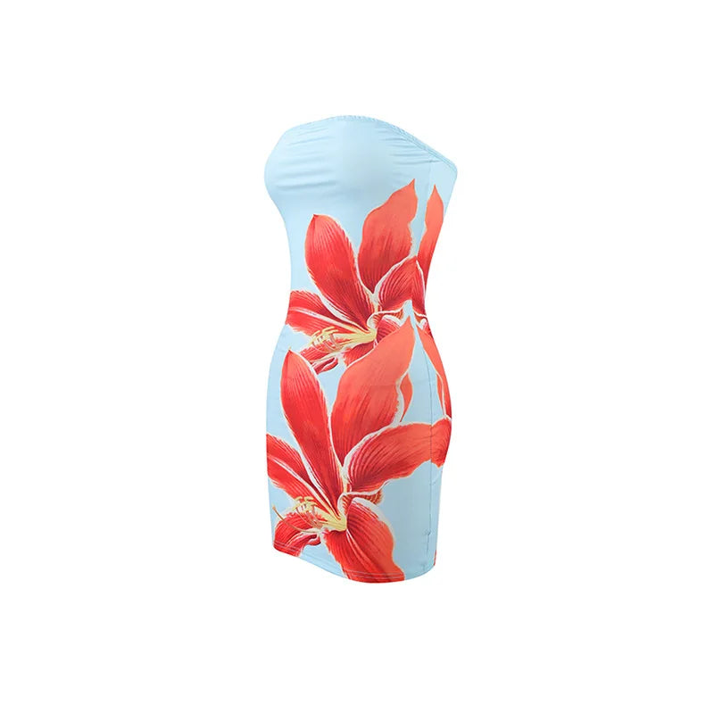 Sexy strapless floral print backless slim fit dress for women in summer 2025 comfortable and elegant beach vacation short skirt