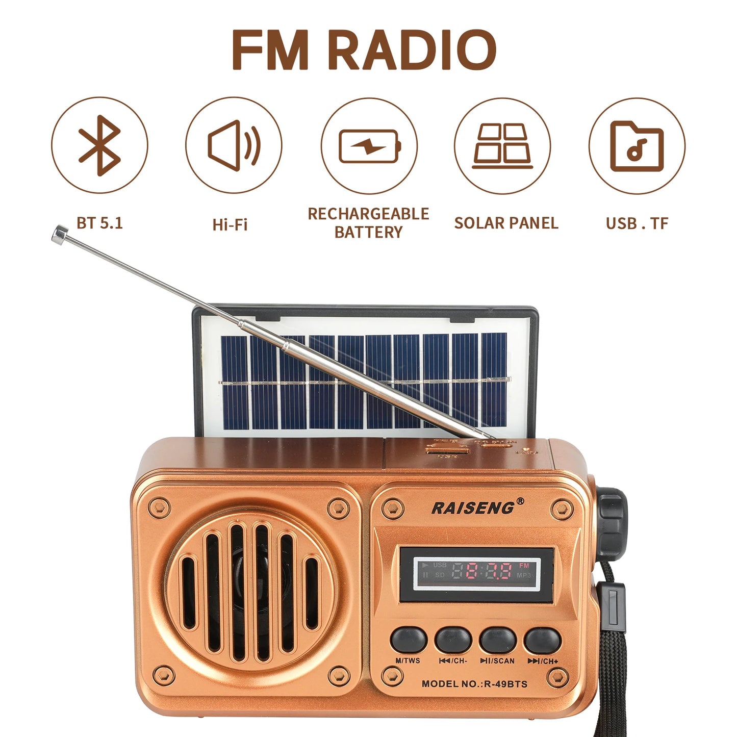 49BTS Wireless Bluetooth speaker MP3 playback FM radio Solar charging emergency radio full band high sensitivity