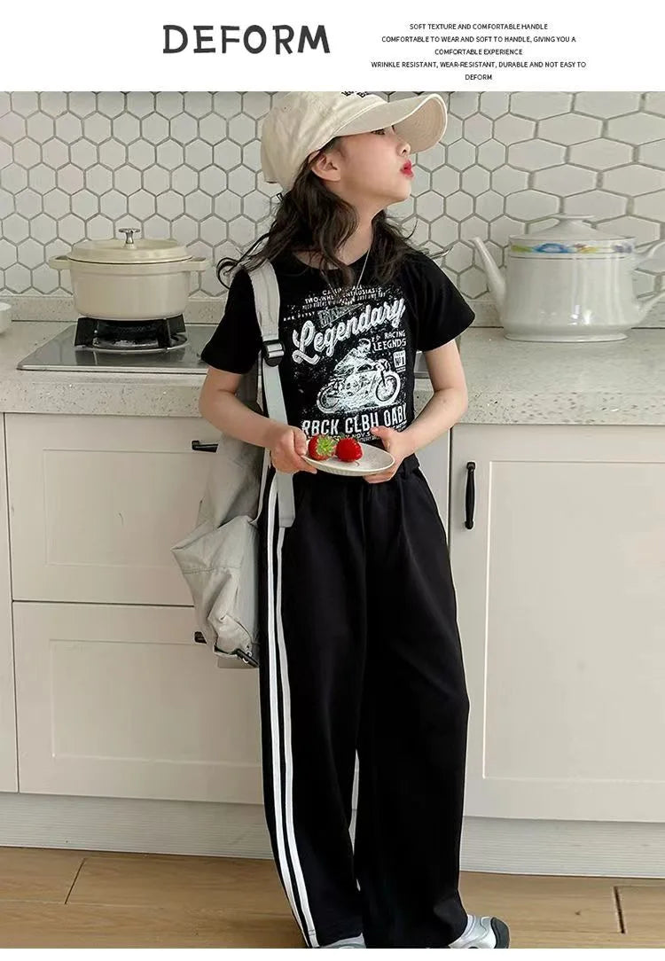 Girls' summer casual suit, new children's fashionable T-shirt, casual pants, summer dress, foreign short-sleeved two-piece set,