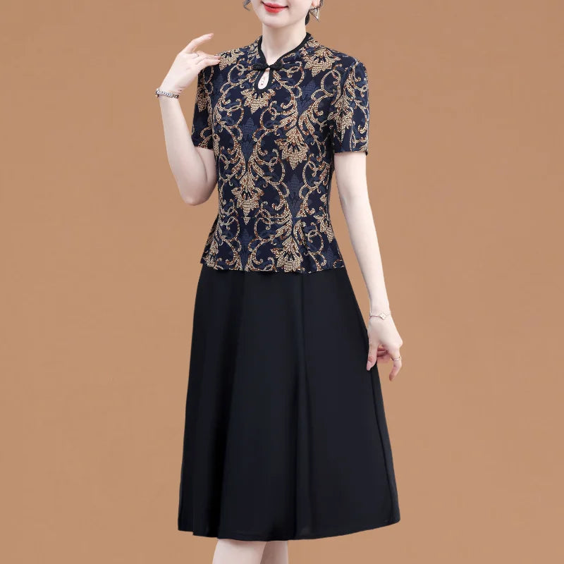Mom's Summer New Style Cheongsam Elegant and Slimming Middle-aged Women's Wear Fake Two-piece Dress
