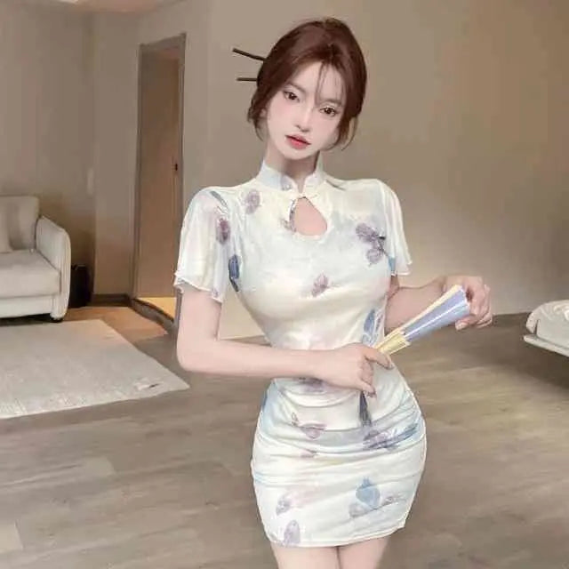 2025 Summer Women's Chinese-style Young Fashion Daily Slim-fit Lotus Leaf Edge Elegant Short-sleeved Cheongsam Dress