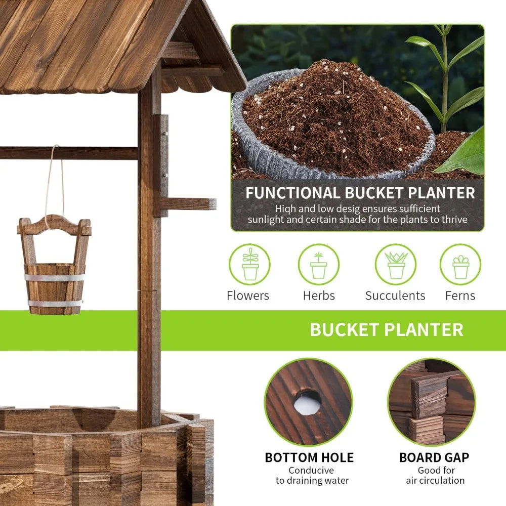 Aoxun Outdoor Wooden Wishing Well Planters with Hanging Bucket, Garden Helper, Rustic Garden Decor for Outside, Yard and Patio,