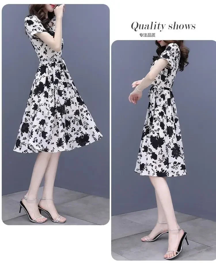 Breathable Chiffon Floral Print Dress V Neck Slim Fit With Ruffles