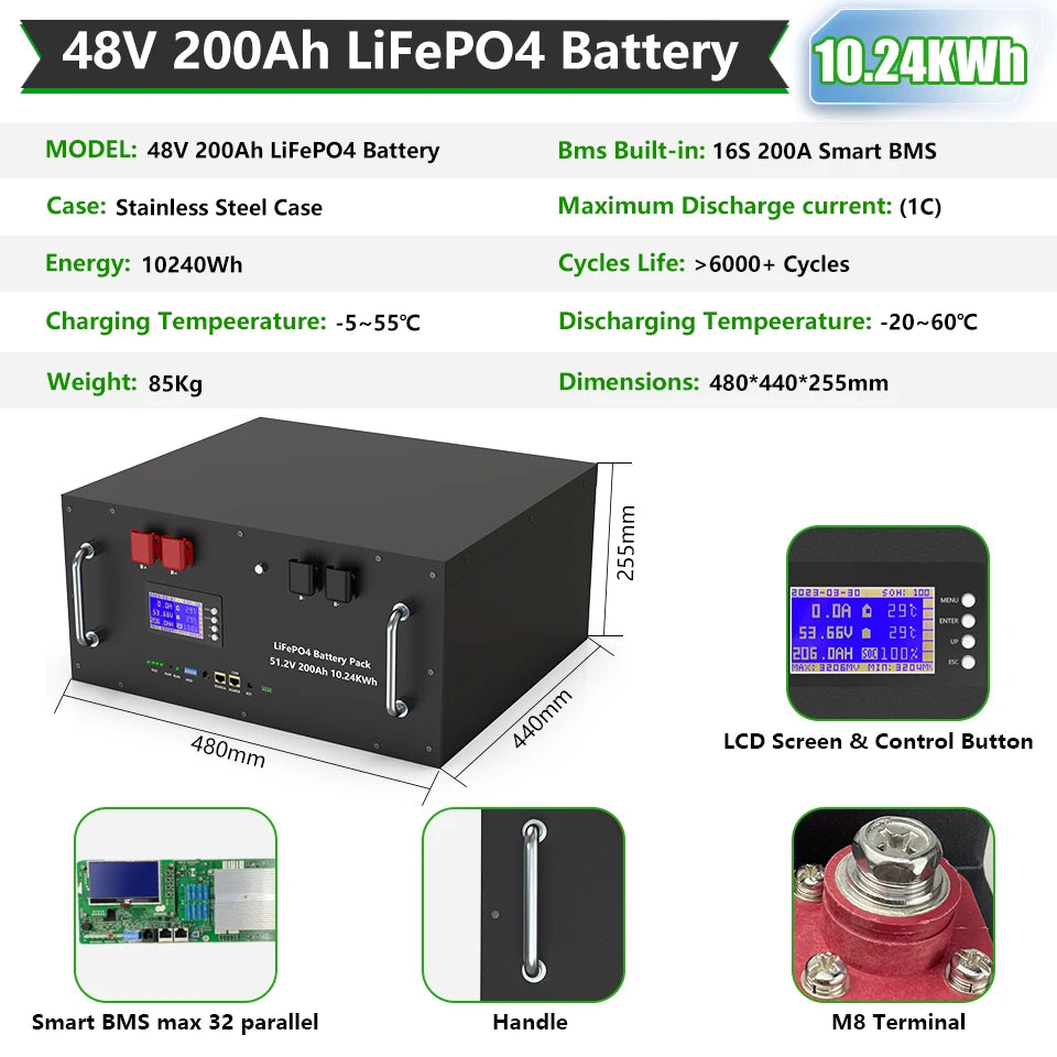 LiFePO4 48V 300Ah 15Kwh Battery 51.2V 100Ah 200Ah 120Ah 150Ah Lithium battery 6000 Cycles 48V Solar Energy Storage Akku EU STOCK