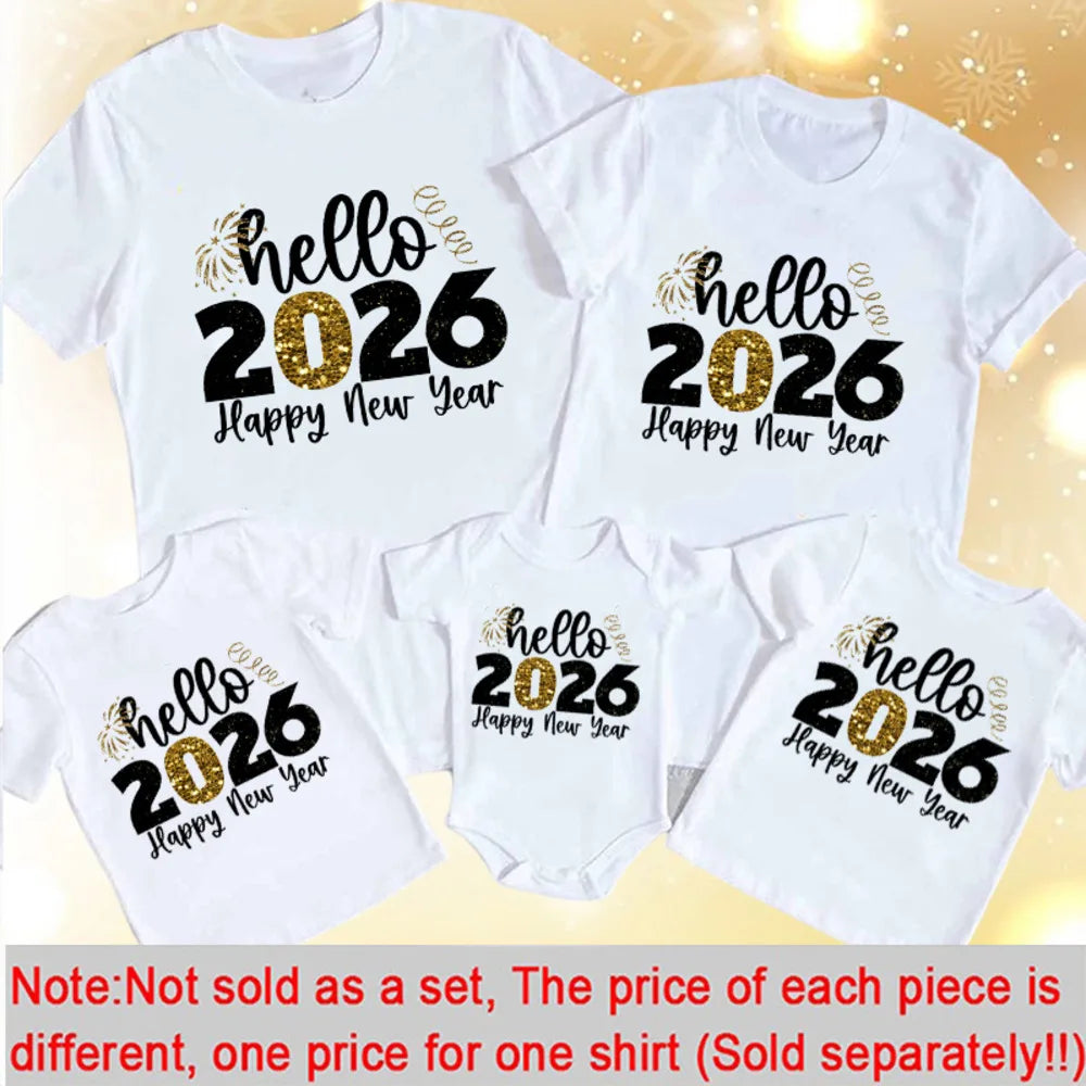 Hello 2026 Family Matching Outfits Happy New Year Dad Mom and Daughter Son Tshirt Family Look New Year's Clothes Tees