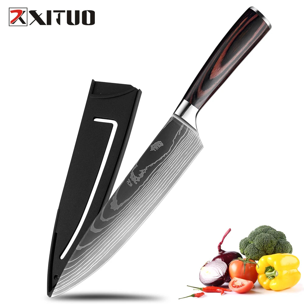 High quality 440C German Steel Kitchen Knife Damascus Laser Pattern Chef Knife Cleaver Filleting Santoku Knife Best Kitchen Tool