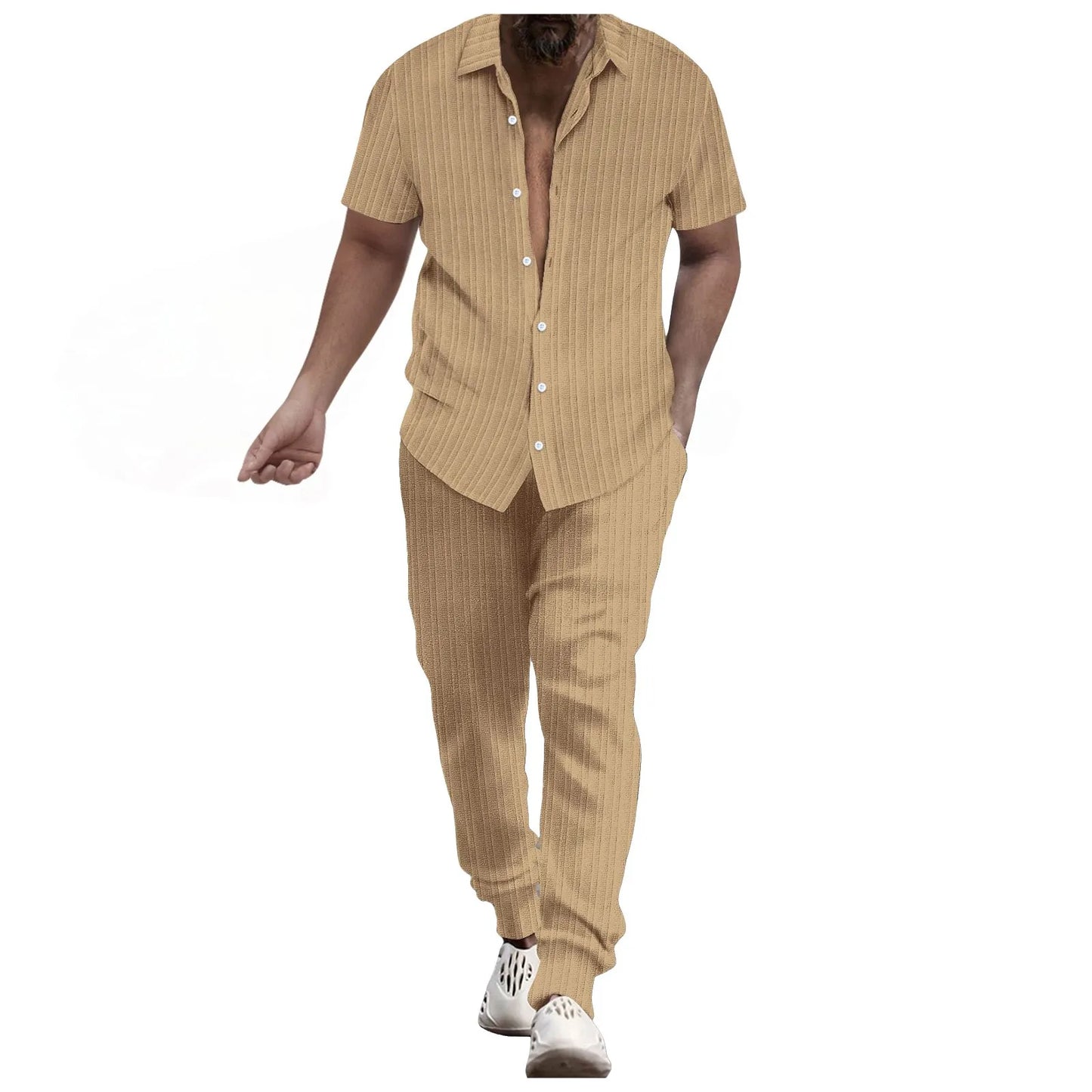Mens Shirt Casual Short Sleeve Cardigan Blouse Top Pants Beach Suit Summer Two Piece Set Fashion Clothing For Man Ropa Hombre