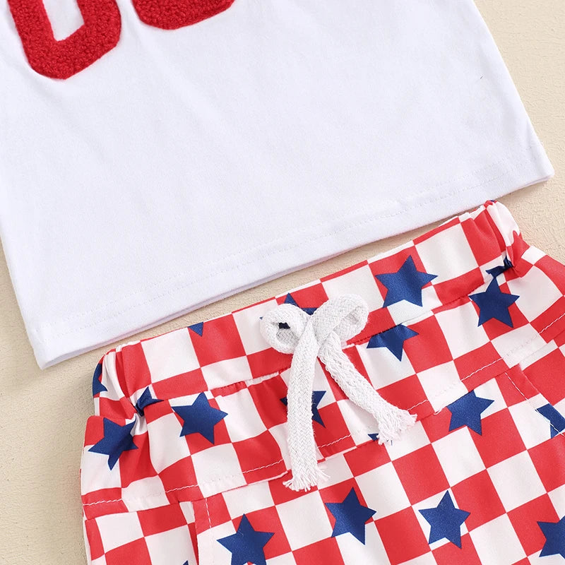 Pudcoco 4th of July Toddler Boy Outfits Fuzzy Letter Embroidery T-Shirt Stars Patrtern Checkerboard Shorts 2Pcs Clothes Set 0-3T