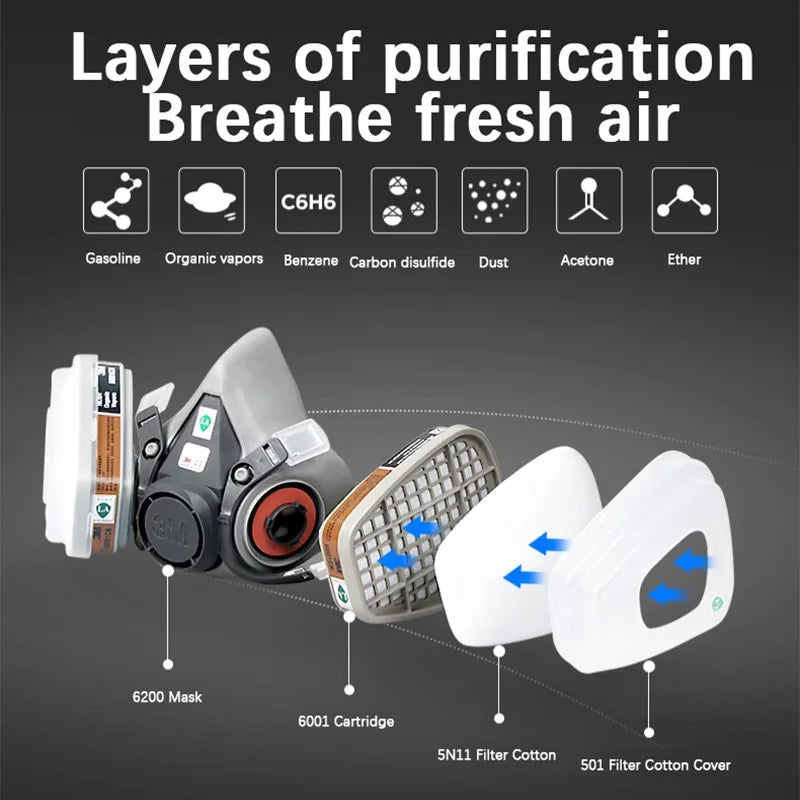 3M 6200 Self-priming Filtering Gas Mask Half Mask for Paint Spraying, Chemical Gas, Industrial Dust Headgear