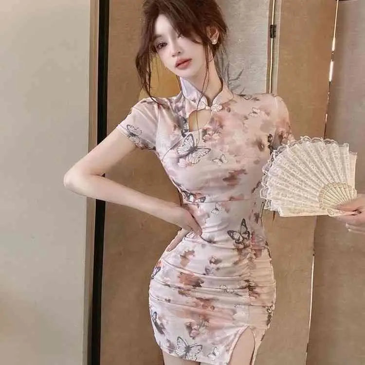 2025 Summer Women's Chinese-style Young Fashion Daily Slim-fit Lotus Leaf Edge Elegant Short-sleeved Cheongsam Dress