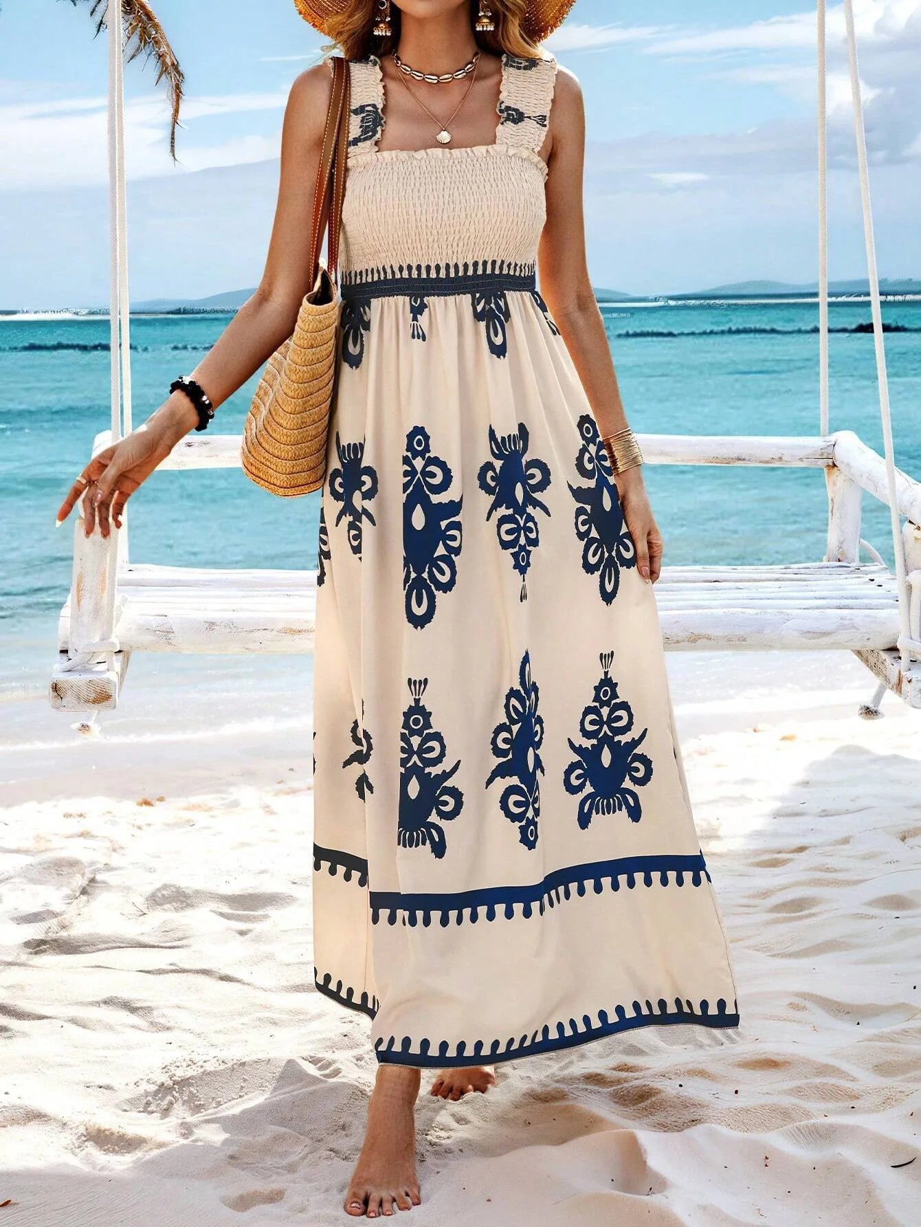 VEITCHE Summer Vacation Style Women Dress Fashionable Printed Sexy Sleeveless Strap Casual Comfortable Beach Long Sundress