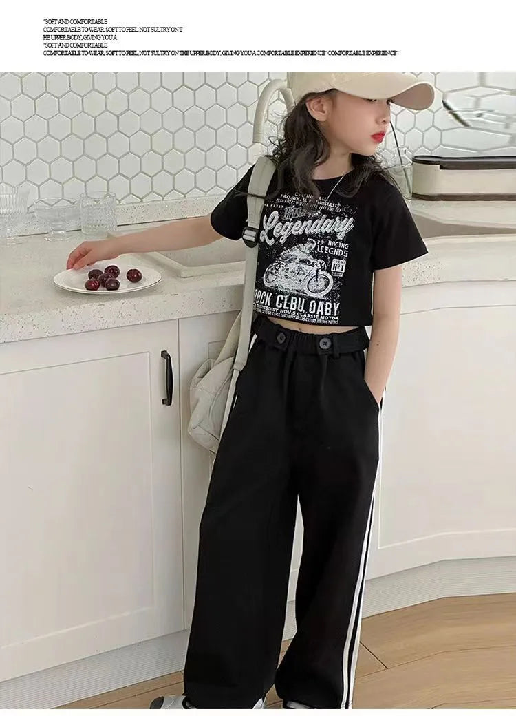 Girls' summer casual suit, new children's fashionable T-shirt, casual pants, summer dress, foreign short-sleeved two-piece set,