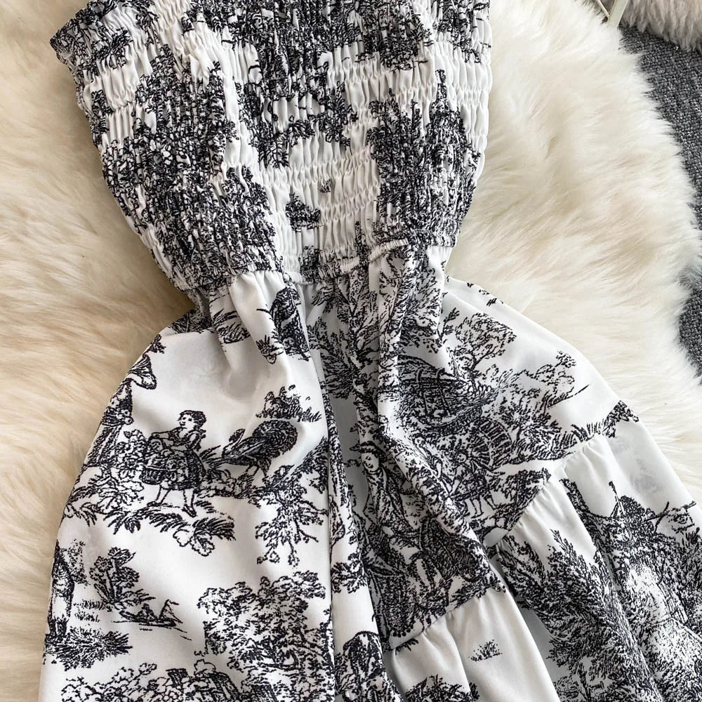 2025 New Summer Pink/Purple Flower Print Romantic Retro Party Dress Elastic High Waist Vacation Long Dress Beach Vestido