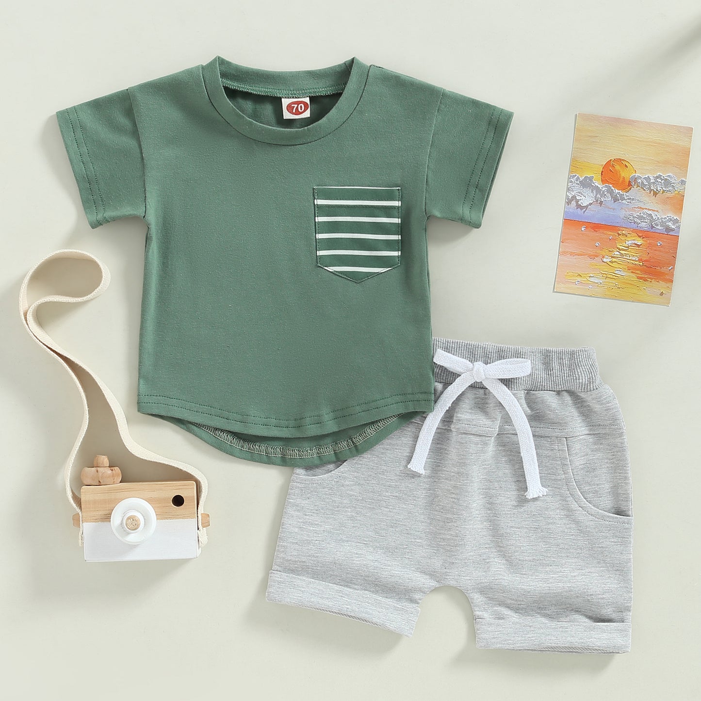 2023-01-10 Lioraitiin 0-3Years Baby Boys 2Pcs Shorts Set Short Sleeve Crew Neck Stripes T-shirt with Elastic Waist Shorts