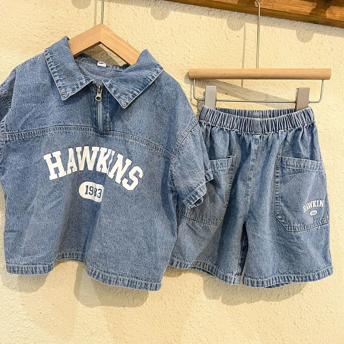 5816C Children's Clothing Set Denim Suit Summer Casual Boy's Denim Suit Letter Print Top+ Shorts Casual Two-piece Suit