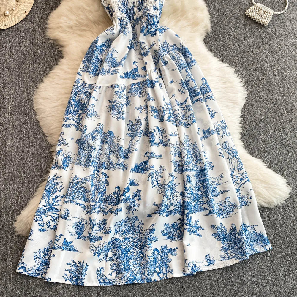 2025 New Summer Pink/Purple Flower Print Romantic Retro Party Dress Elastic High Waist Vacation Long Dress Beach Vestido