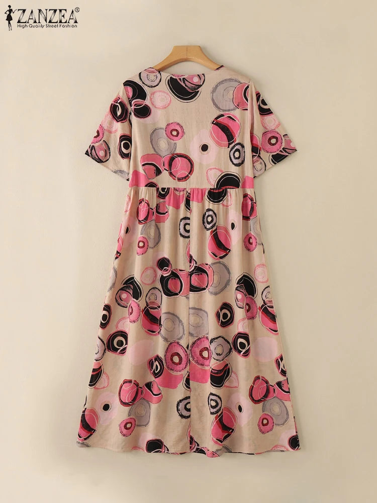 ZANZEA Short Sleeve Printing Maxi Dresses Casual Vacation Woman Bohemian A-line Robes Femme 2025 Summer Loose O-Neck Long Dress