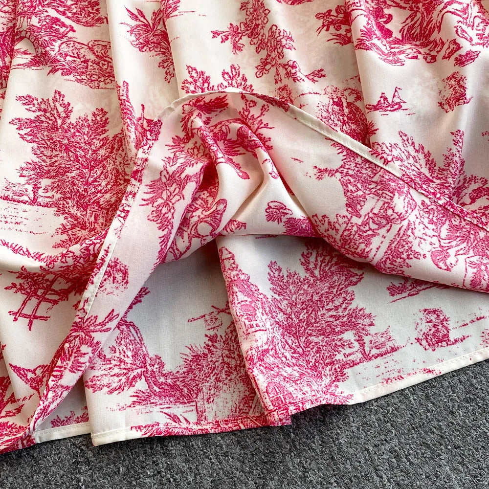 2025 New Summer Pink/Purple Flower Print Romantic Retro Party Dress Elastic High Waist Vacation Long Dress Beach Vestido